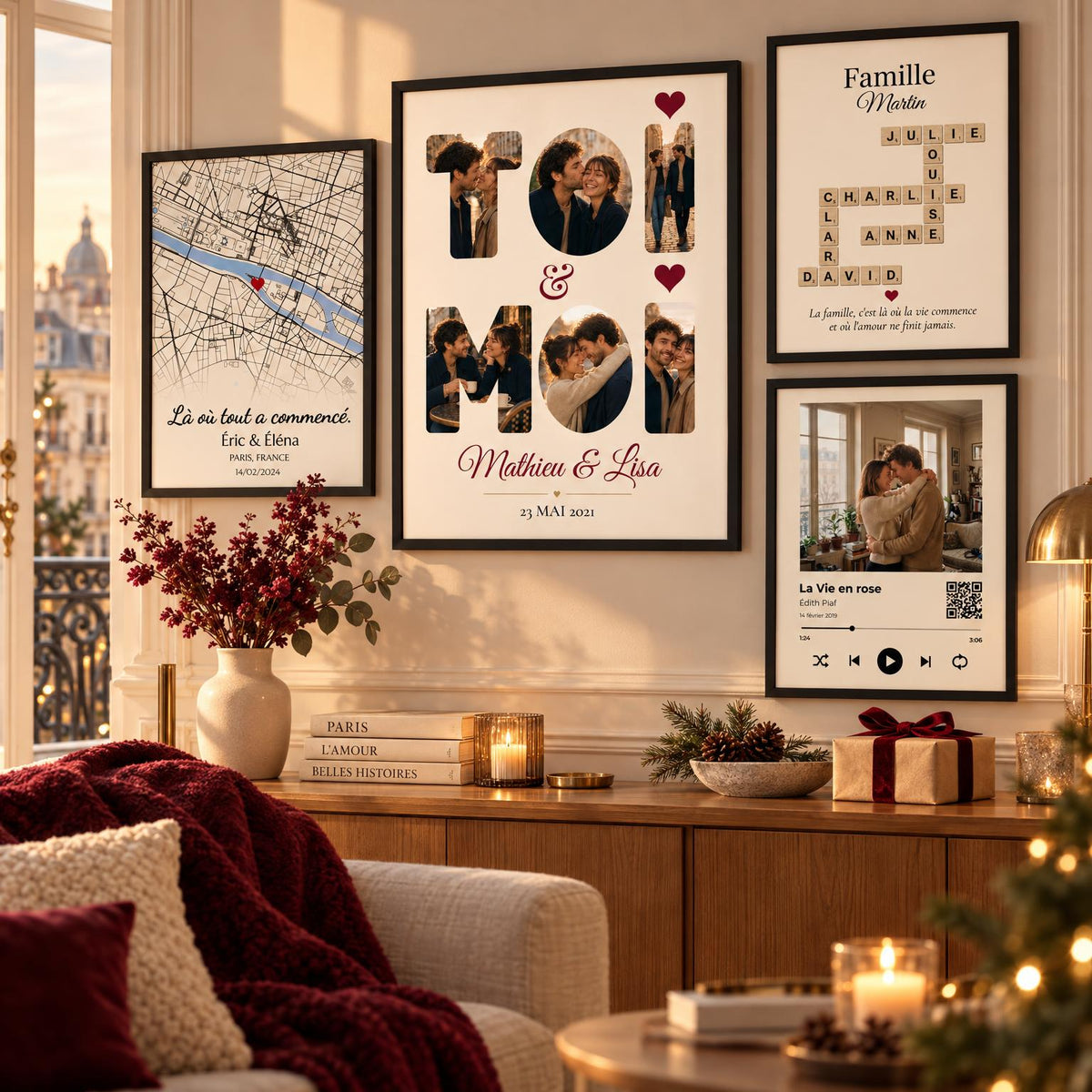 Affiches personnalisées Toi & Moi, lieu de rencontre, Scrabble famille et chanson encadrées dans un salon parisien décoré pour Noël