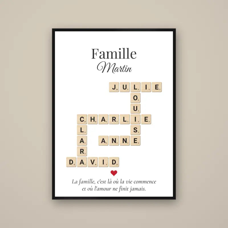 Affiche Scrabble famille personnalisée encadrée, prénoms en mots croisés