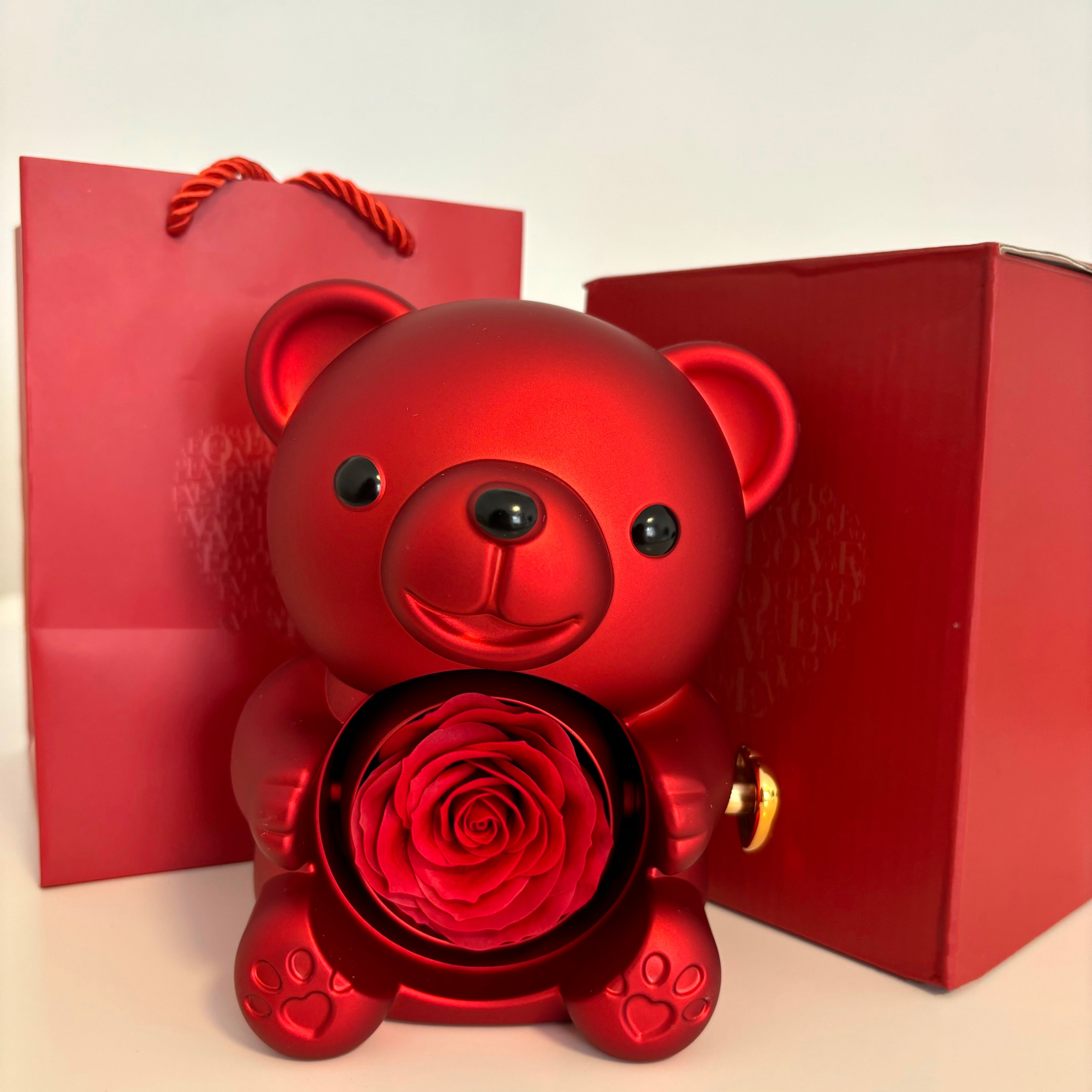 Teddy Bear Box with Engraved Necklace & Eternal Rose