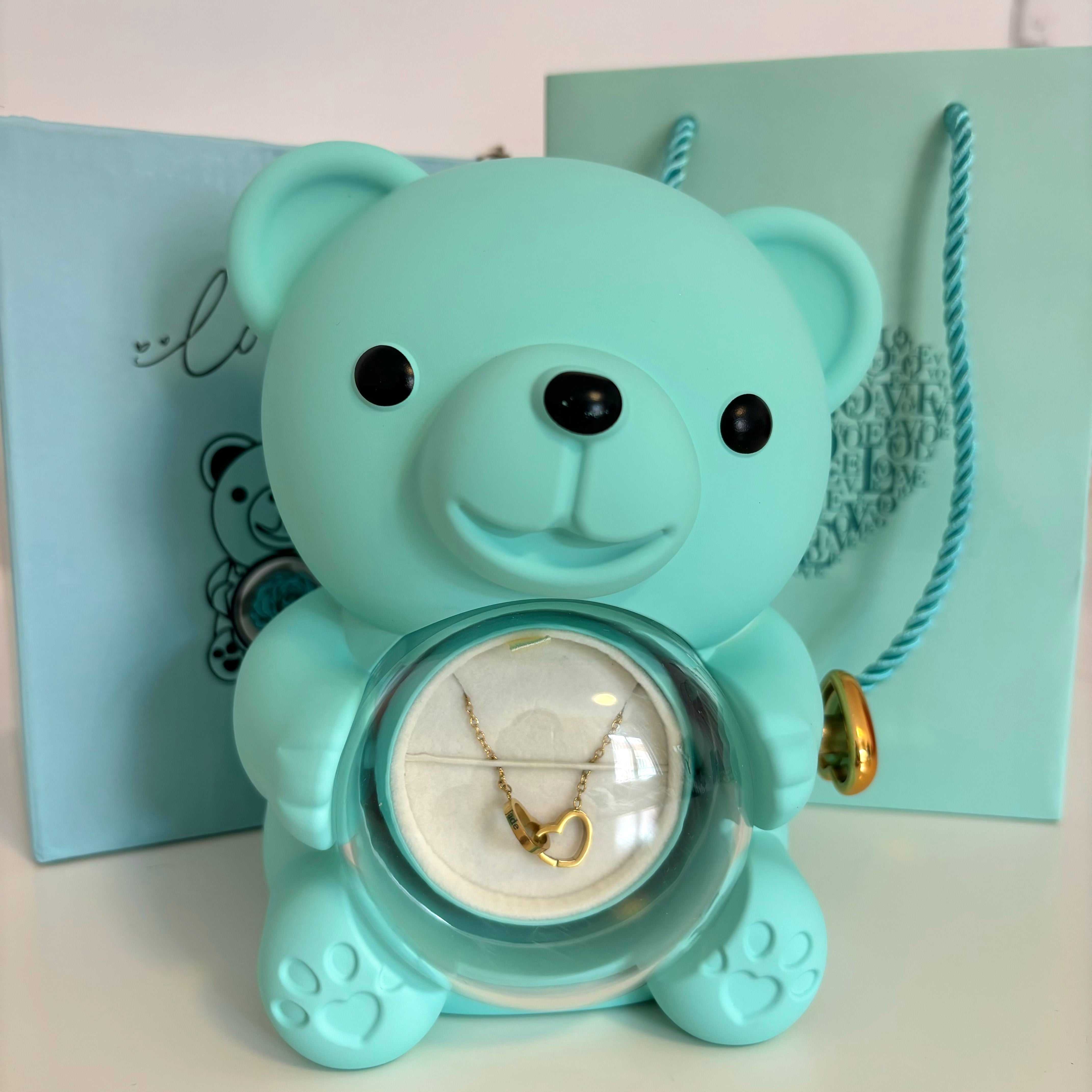 Teddy Bear Box with Engraved Necklace & Eternal Rose