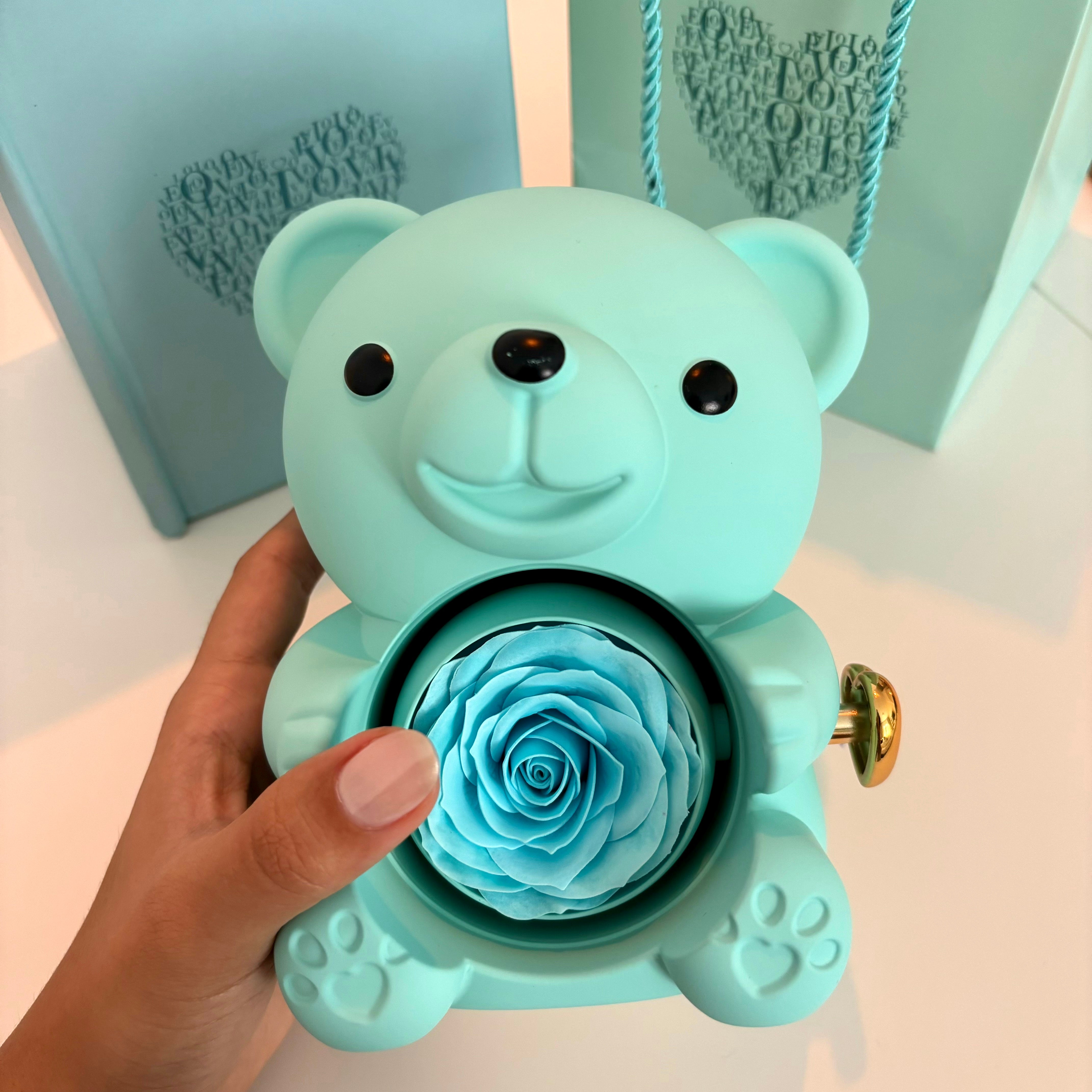 Teddy Bear Box with Engraved Necklace & Eternal Rose