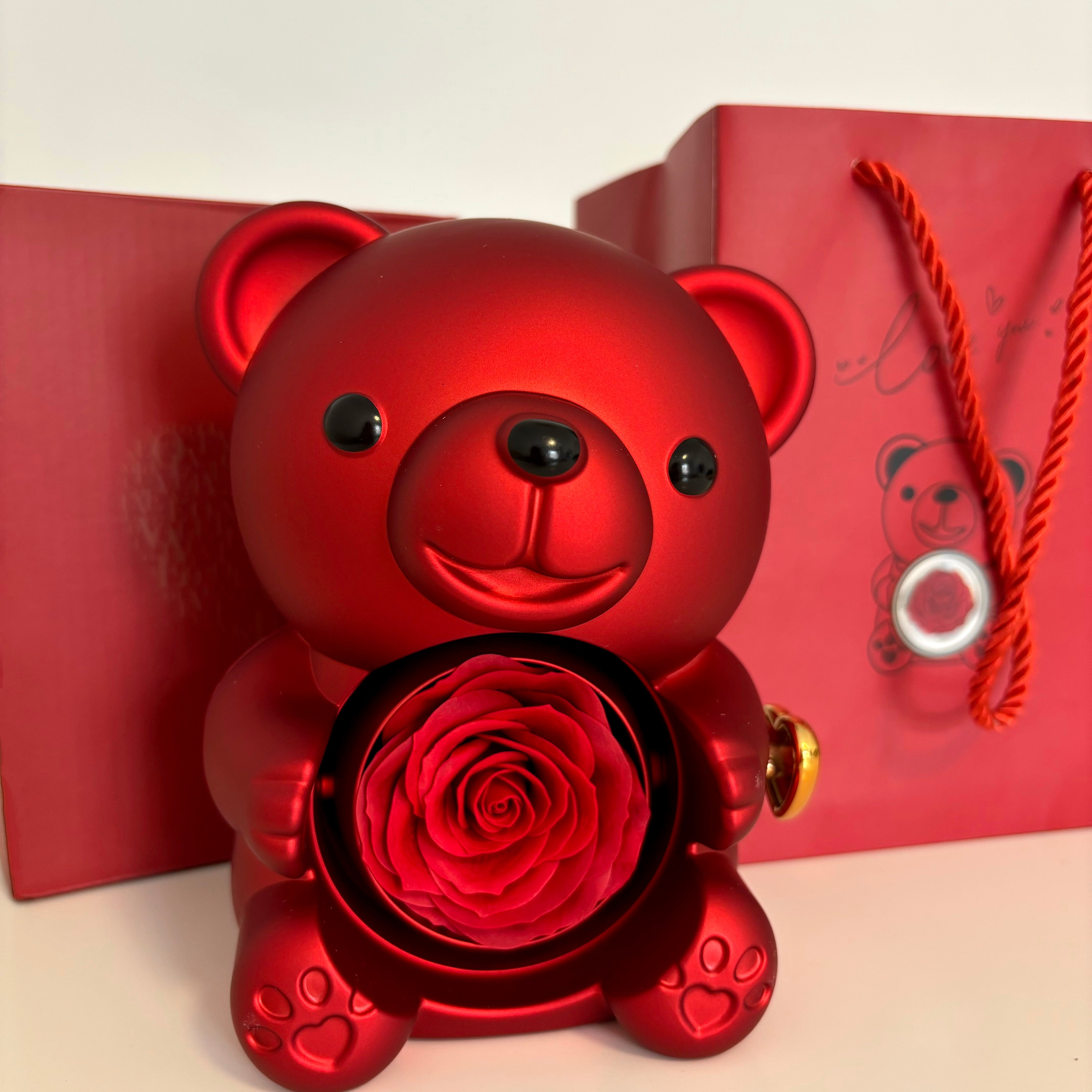 Teddy Bear Box with Engraved Necklace & Eternal Rose