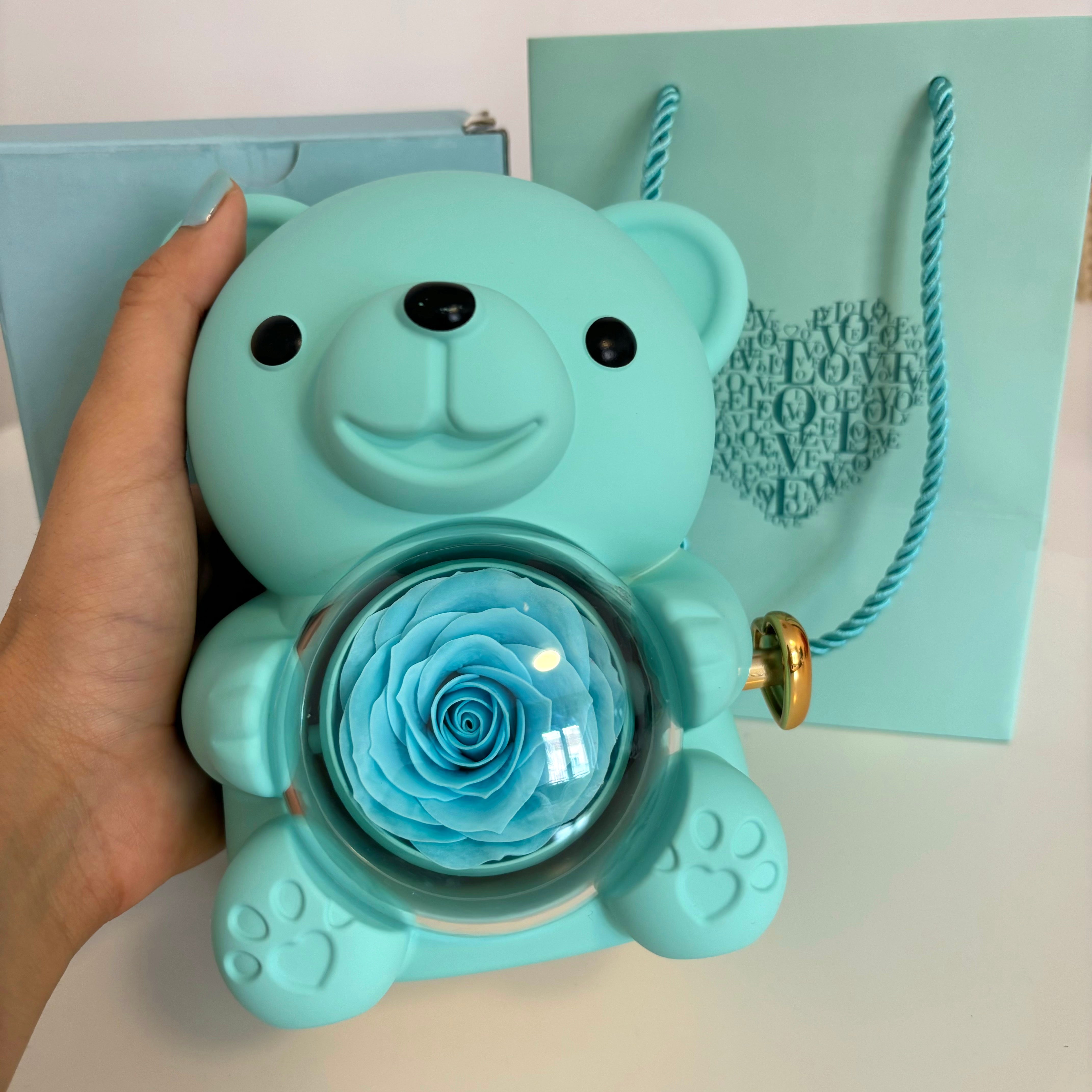 Teddy Bear Box with Engraved Necklace & Eternal Rose