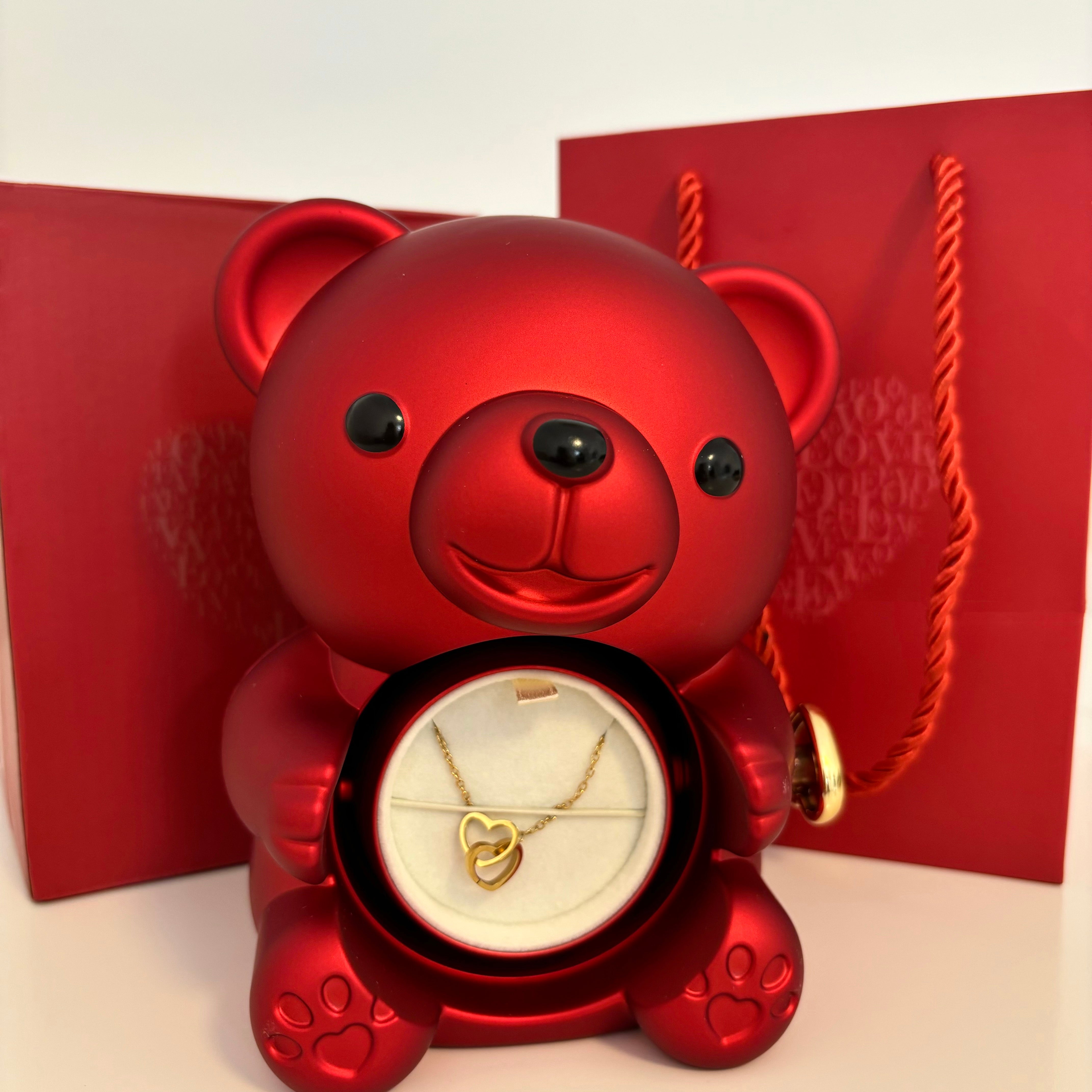 Teddy Bear Box with Engraved Necklace & Eternal Rose