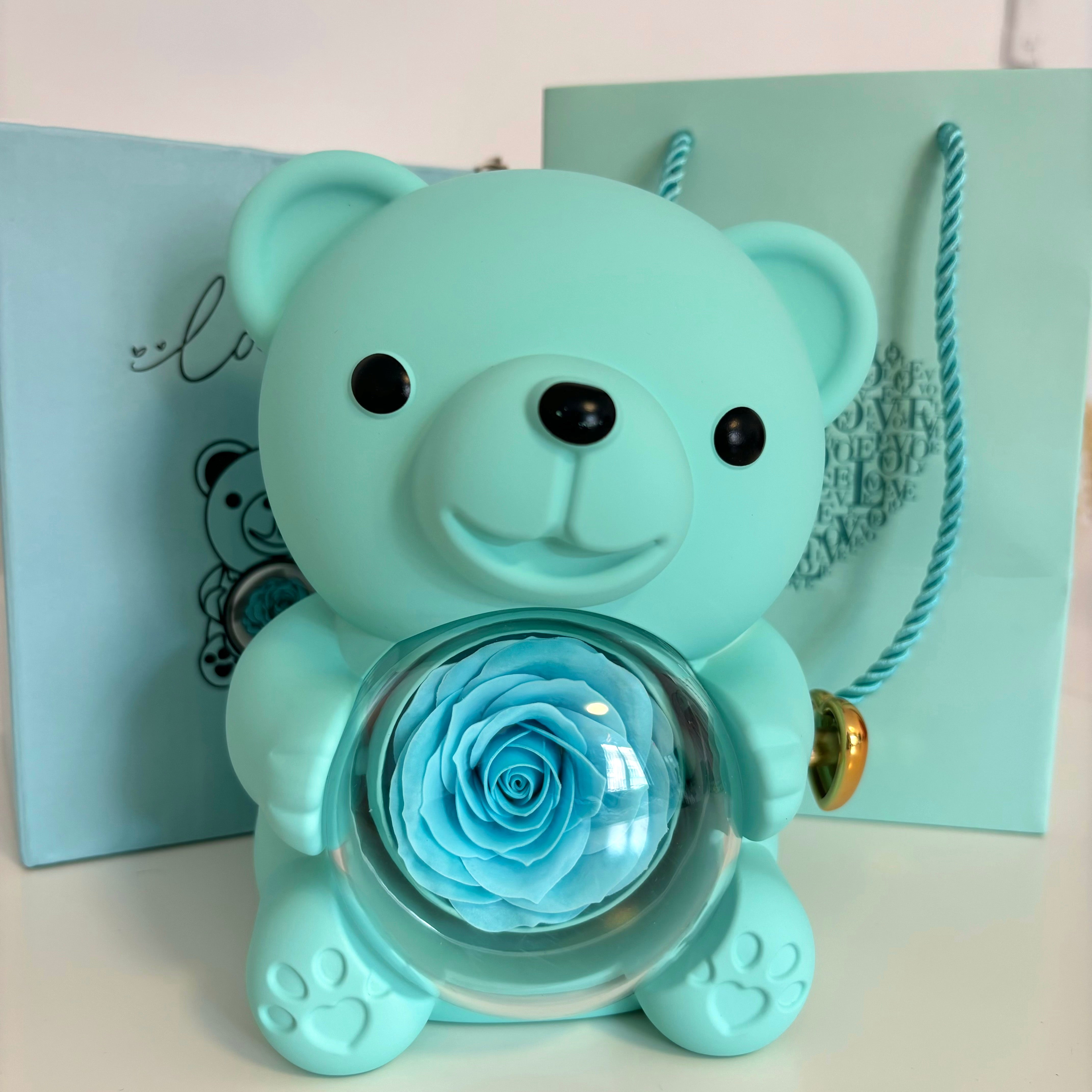 Teddy Bear Box with Engraved Necklace & Eternal Rose