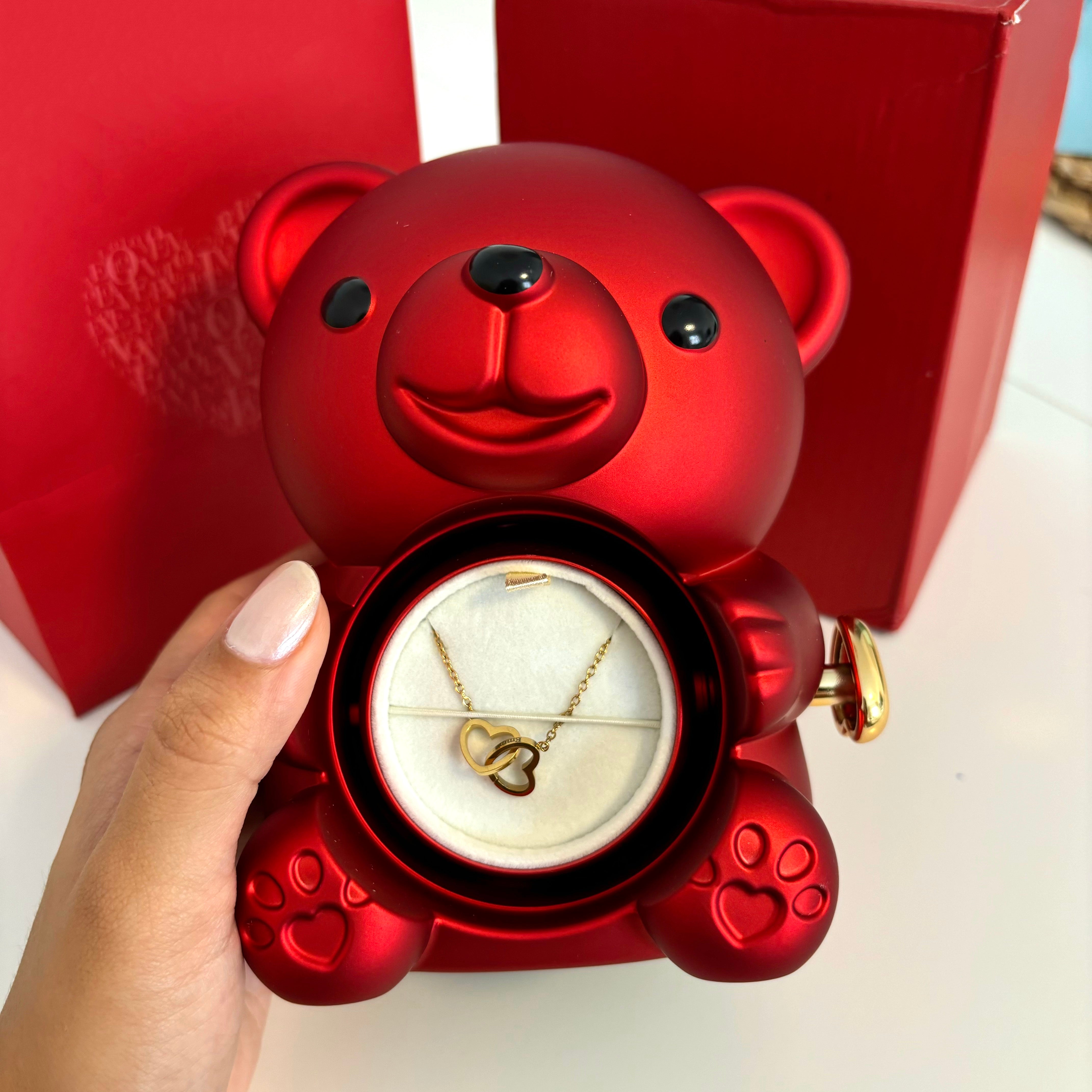 Teddy Bear Box with Engraved Necklace & Eternal Rose