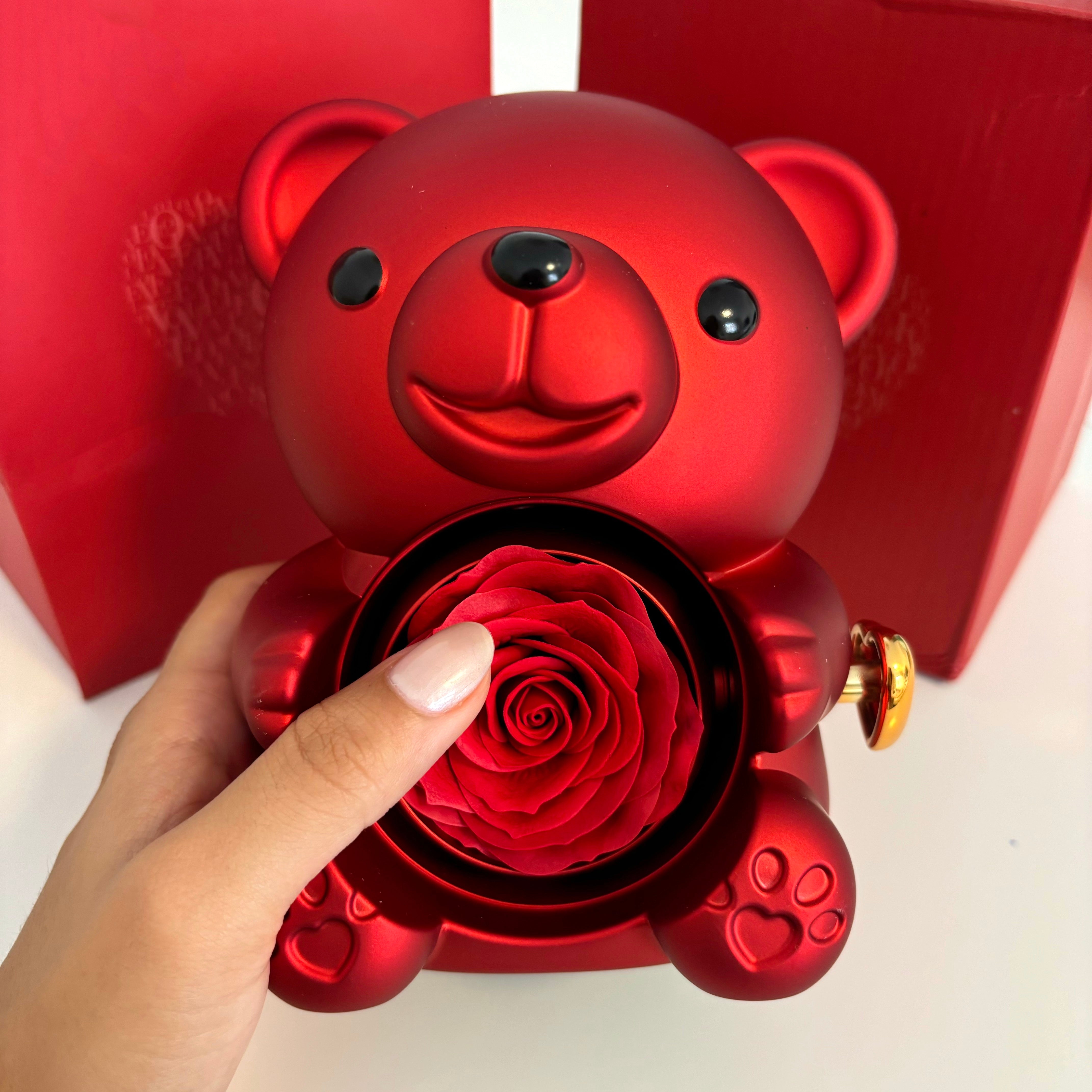Teddy Bear Box with Engraved Necklace & Eternal Rose