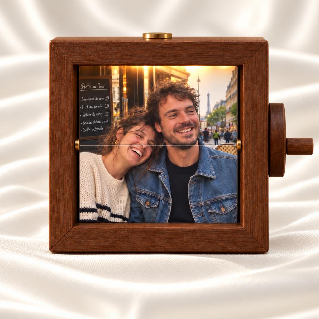 Boîte à photos personnalisée rotative en bois marron, vue de face | Paris Lovers