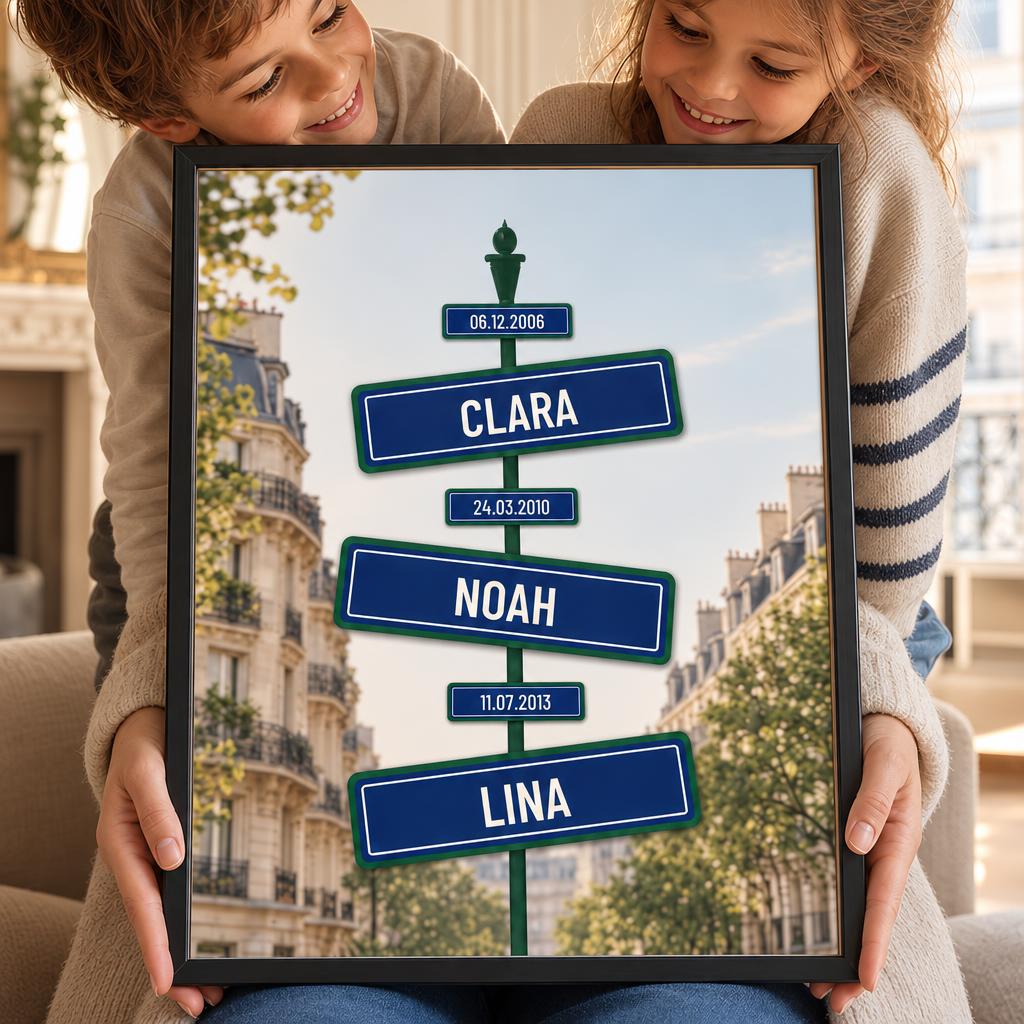 Affiche plaques de rue Paris personnalisée avec les prénoms et dates de naissance des enfants, encadrée