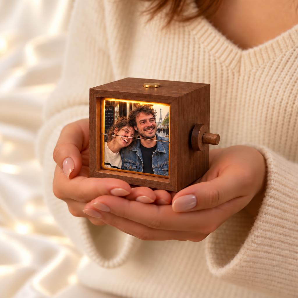 Boîte à photos rotative marron tenue dans les mains, format 8 cm | Paris Lovers