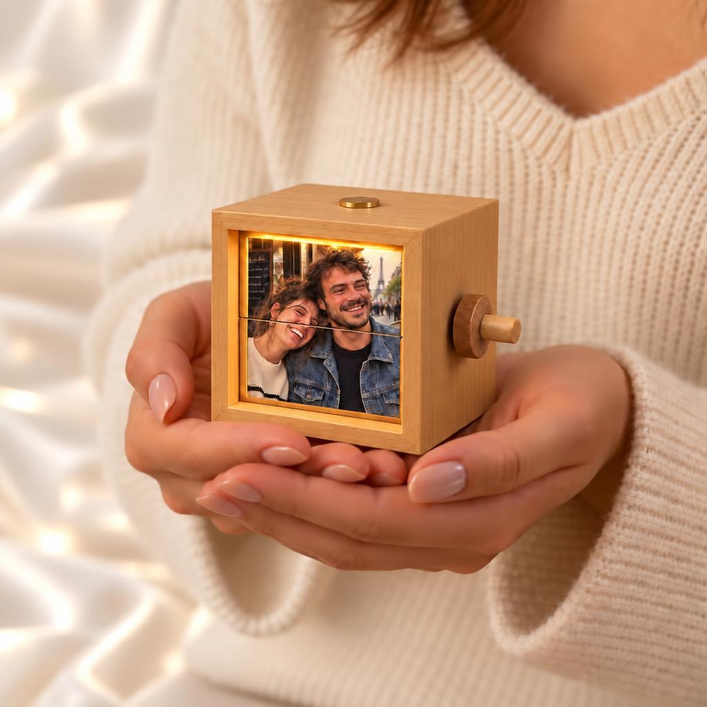 Boîte à photos rotative beige tenue dans les mains, format 8 cm | Paris Lovers