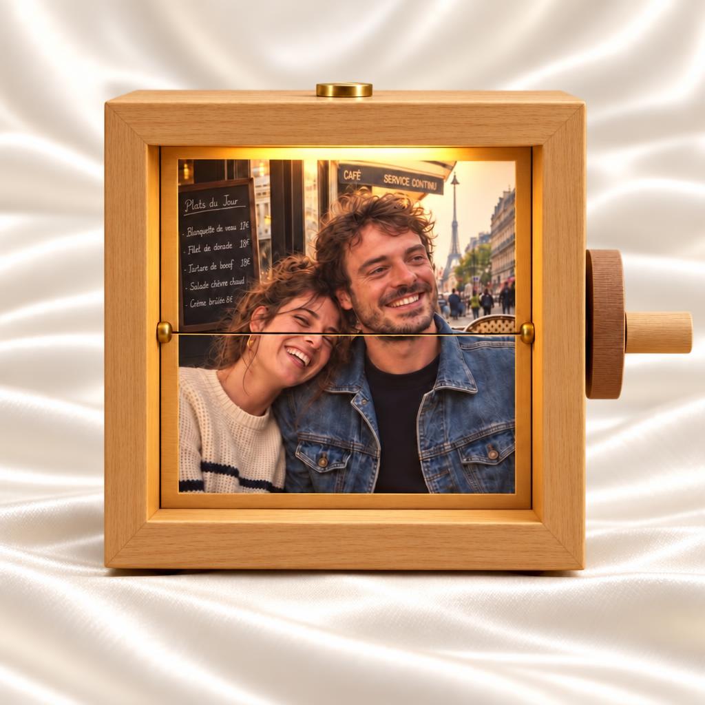 Boîte à photos personnalisée rotative en bois beige, vue de face | Paris Lovers